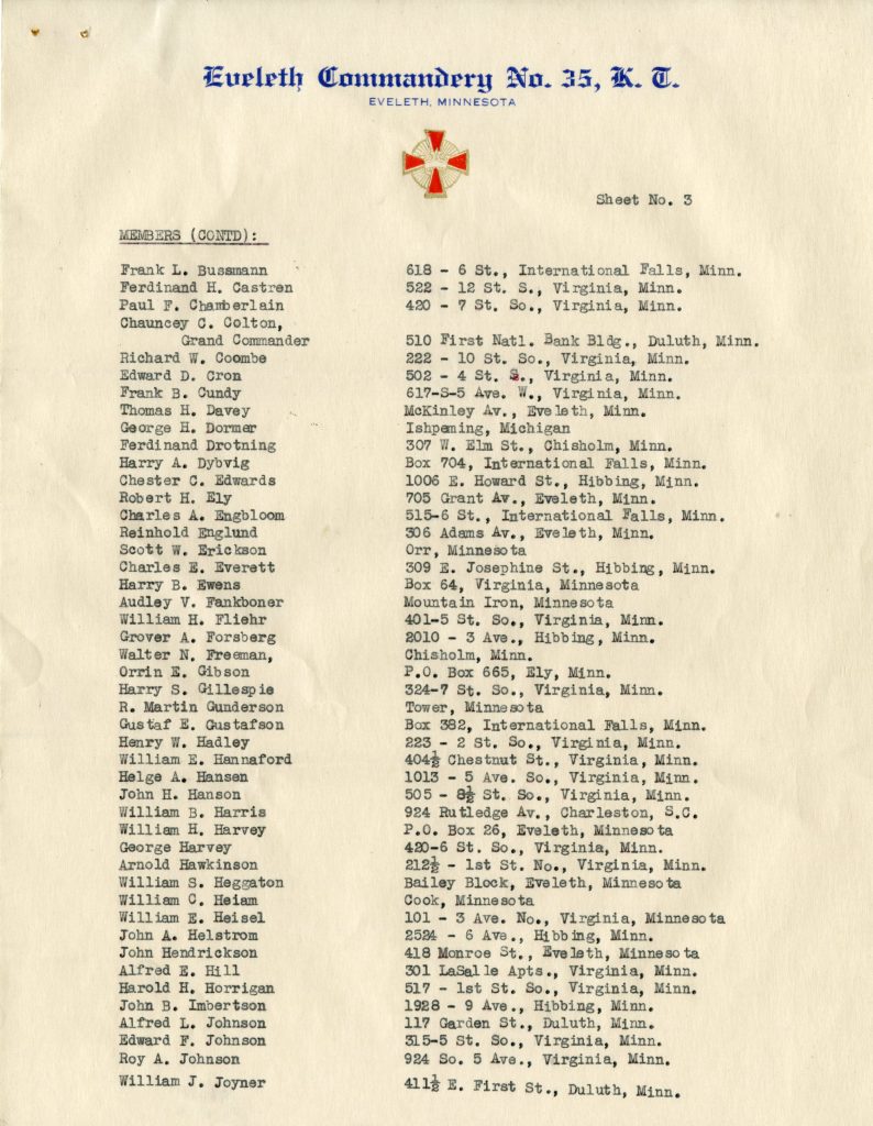 List of Members of Eveleth Commandary No. 35, Knights Templar (Page 3)