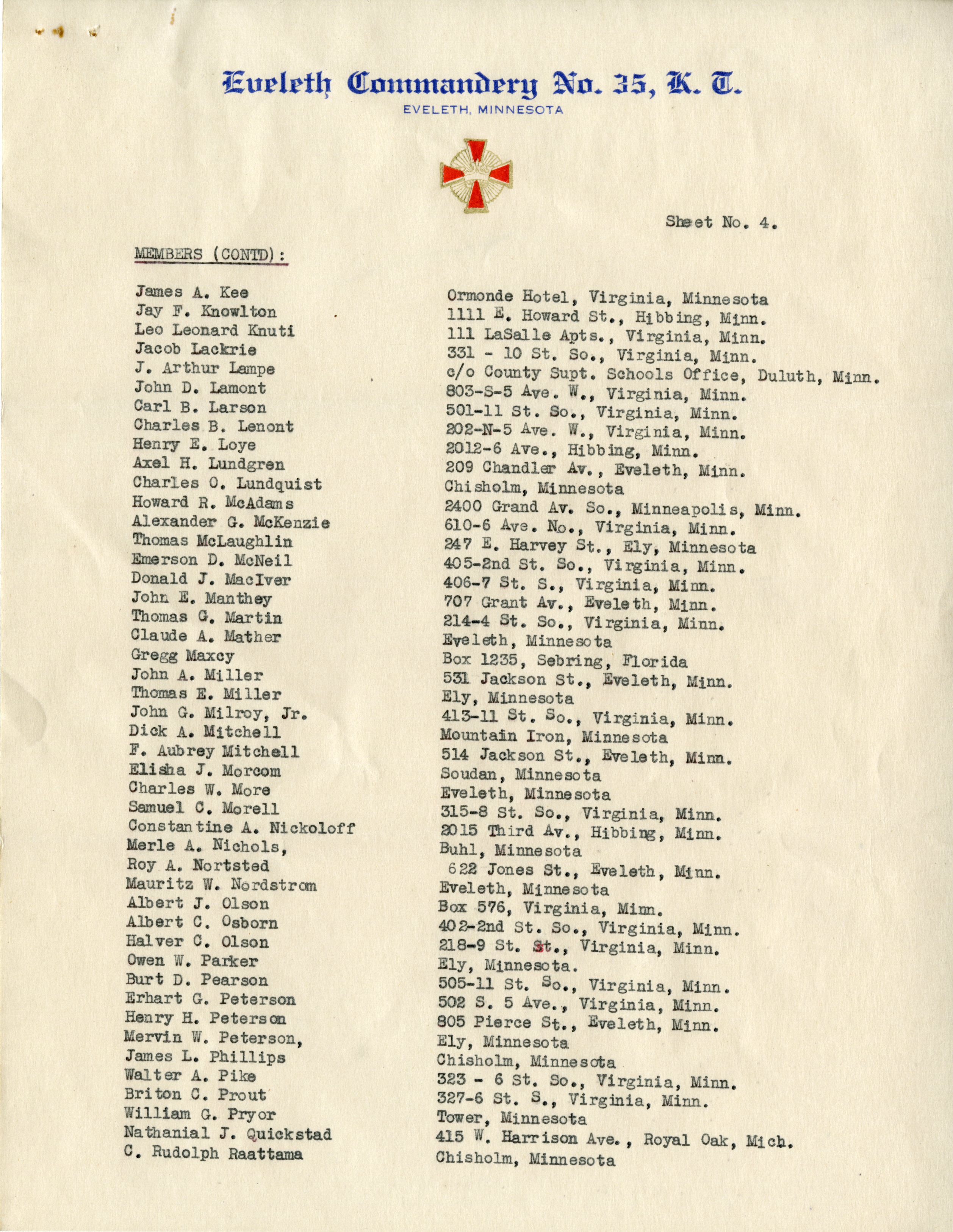 List of Members of Eveleth Commandary No. 35, Knights Templar (Page 4) |  Hibbing Historical Society