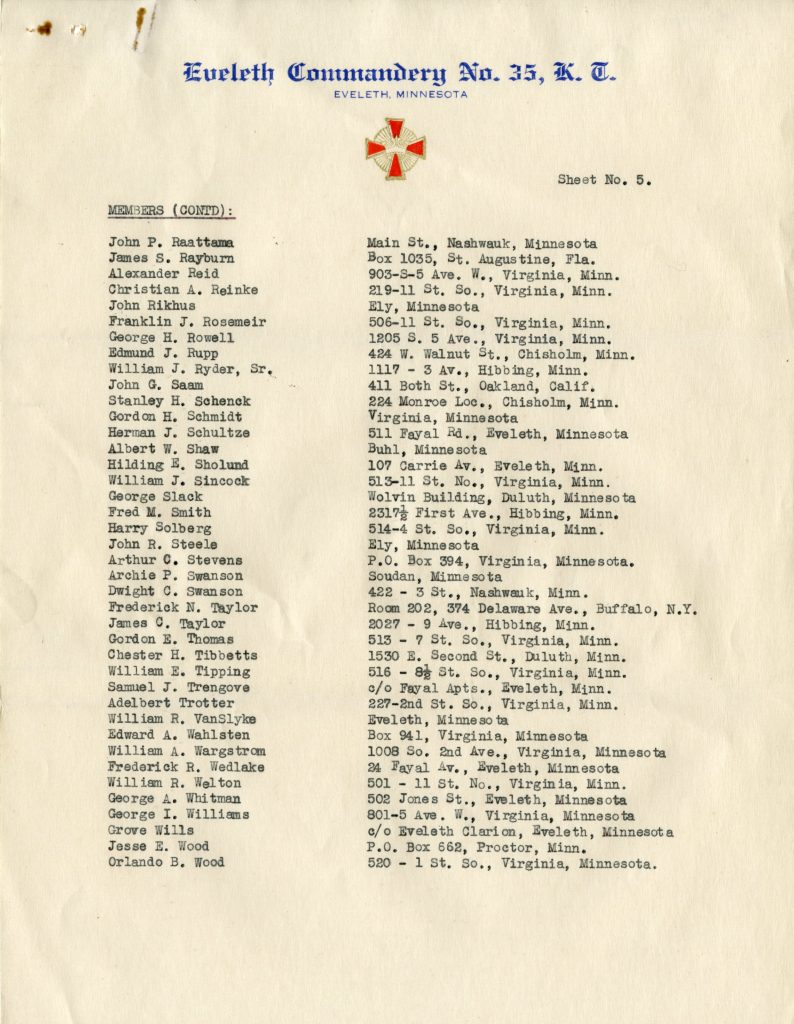 List of Members of Eveleth Commandary No. 35, Knights Templar (Page 5)