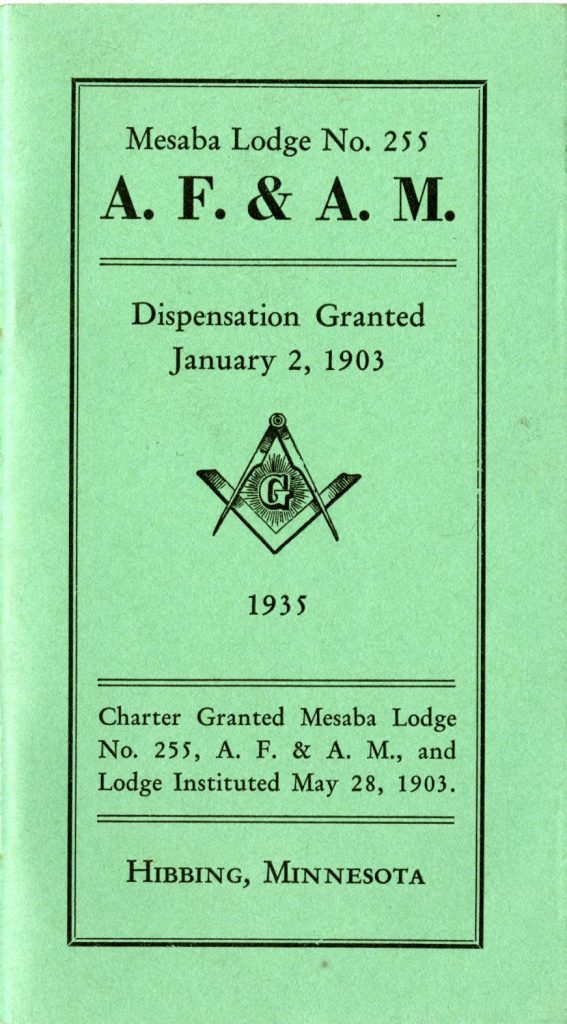 Roster of Officers and Members Booklet, Mesaba Lodge No. 255, A.F. & A.M.
